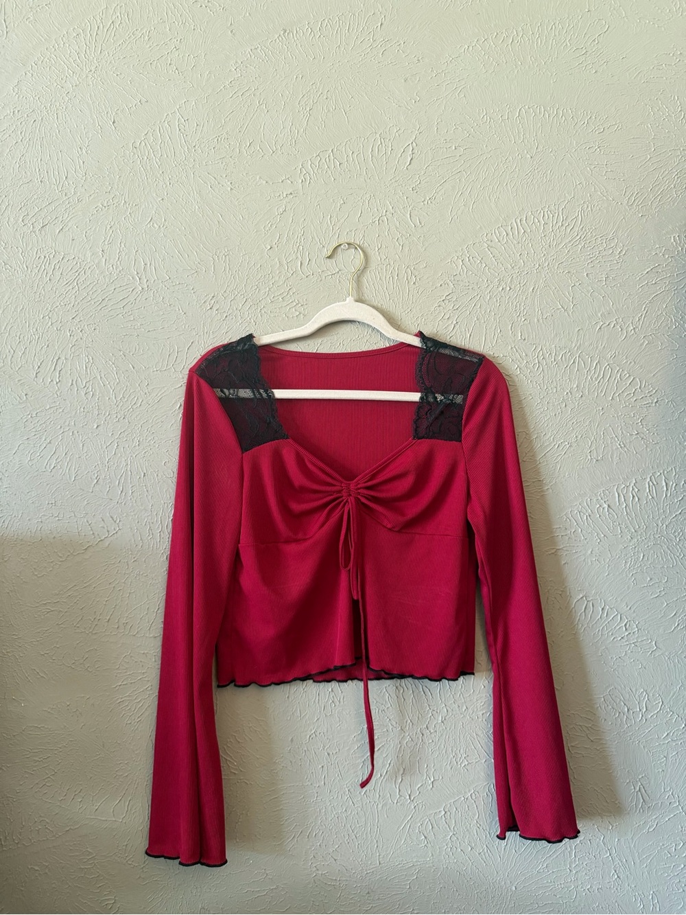 Red Lace-Trim Long Sleeve Tie-Front Top